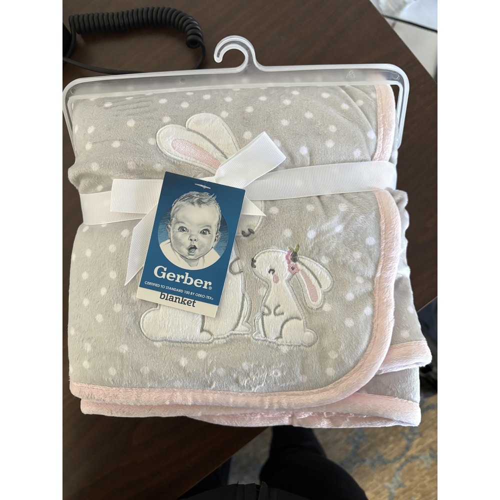 Gerber‎ Baby Blanket Gray Pink Bunny Polka Dot Plush Soft Security Throw New